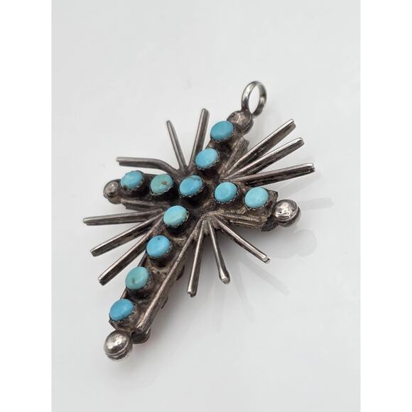 VINTAGE ZUNI INDIAN SILVER TURQUOISE CORAL TWO SIDED REVERSIBLE CROSS PENDANT